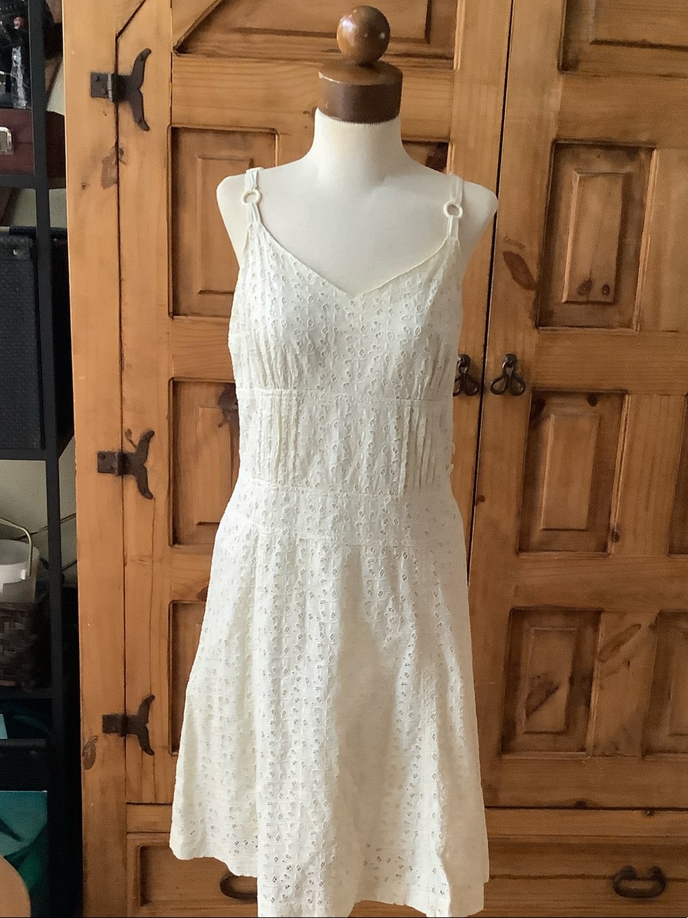 Women's White Eyelet Midi Dress with Spaghetti Straps